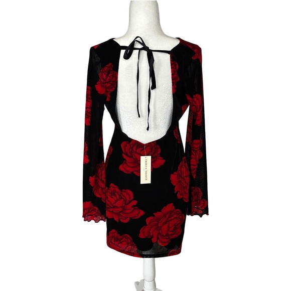 Thirty Thirty LA Black Red Floral Mesh Bell Sleeve Bodycon Mini Dress Size XL - Picture 2 of 10